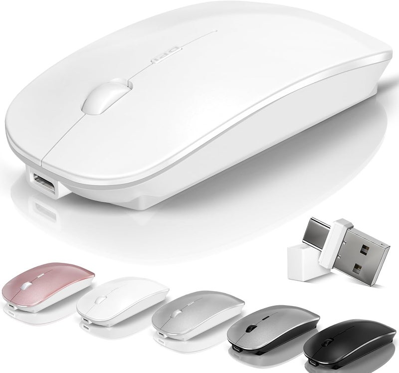 Kovess Mouse for Laptop Wireless Bluetooth - MacBook Air Mac Pro PC iPad Optical Rechargeable Silent Mouse with Jiggler Dual Mode Switch Bluetooth 5.2/3.0 and 2.4GHz USB-A and Type-C Receiver White - Image 1
